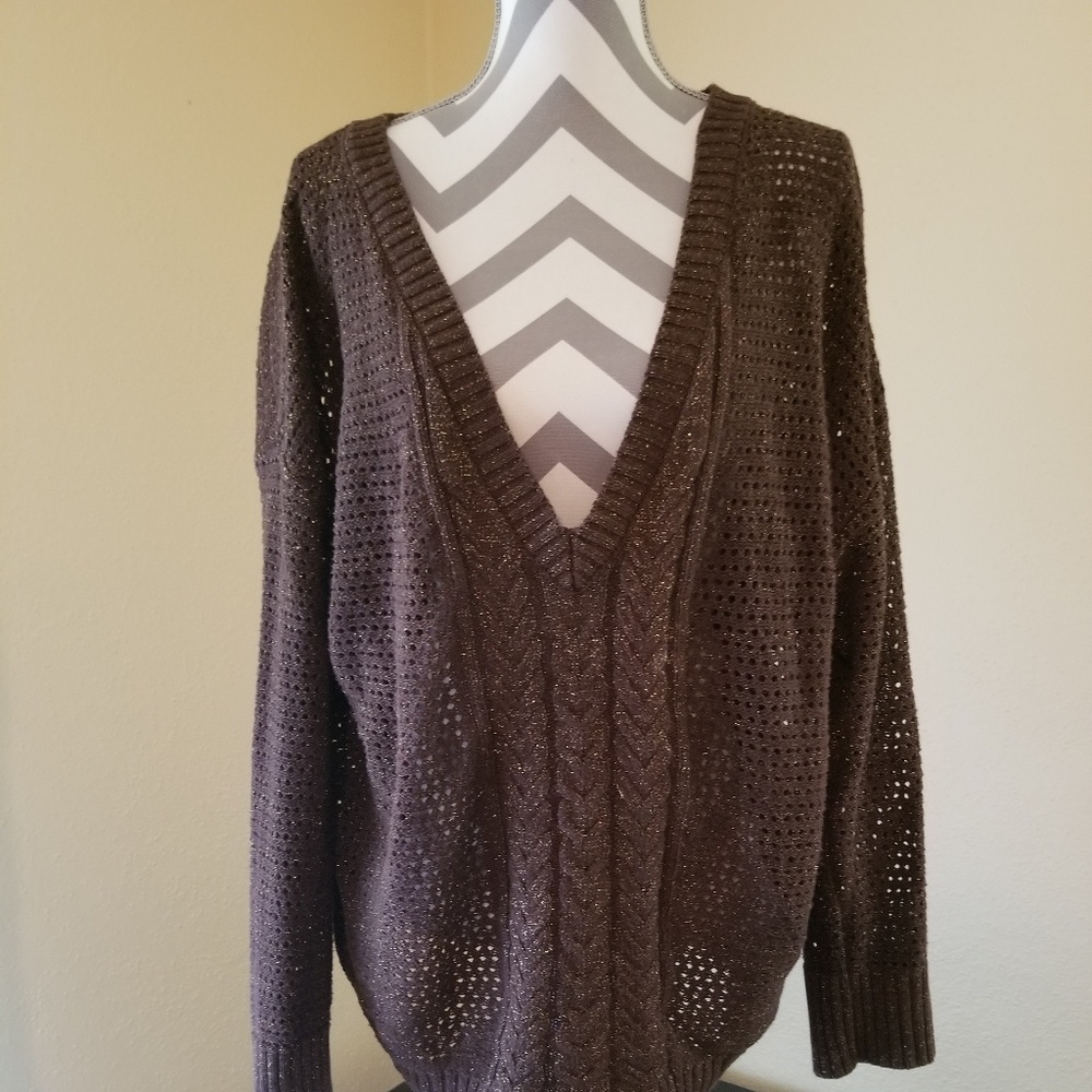 See through brown sweater with gold thread detail